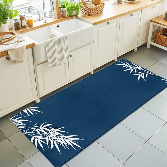 Runner Rug for Bedroom Hallway, Country Leaf on Dark Blue Kitchen Runner Rugs Area Rug 2x6ft, Botanical Silhouette Minimalist Style Washable Soft Floor Carpet for Entryway Stair