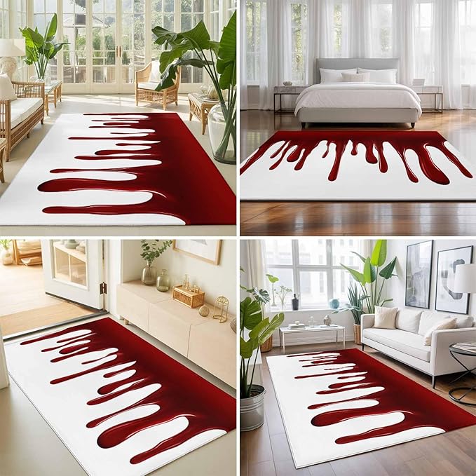 Area Rug 3x5ft, Halloween Pattern Washable Rugs for Living Room Bedroom, Horror Red Fluid Style Soft Non-Slip Area Rugs Rectangle Floor Carpet for Dining Room