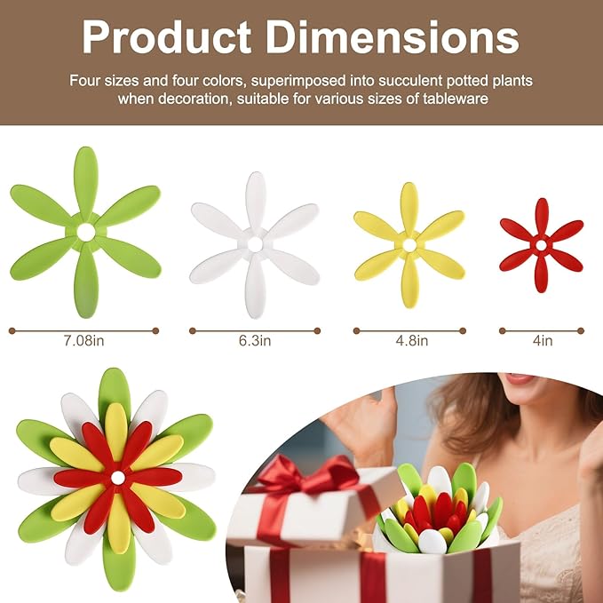 Silicone Succulent Cup Coasters Set of 4, Colorful Trivet Mats, Hot Pads for Pots Pans, Foldable Heat Resistant Coasters with Holder, Multipurpose Kitchen Table Protection (Green Yellow White Red)