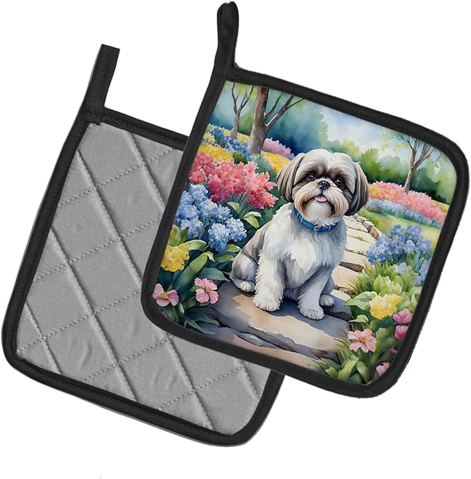 Caroline's Treasures Shih Tzu Spring Path Pair of Pot Holders Kitchen Heat Resistant Pot Holders Sets Oven Hot Pads for Cooking Baking BBQ, 7 1/2 x 7 1/2