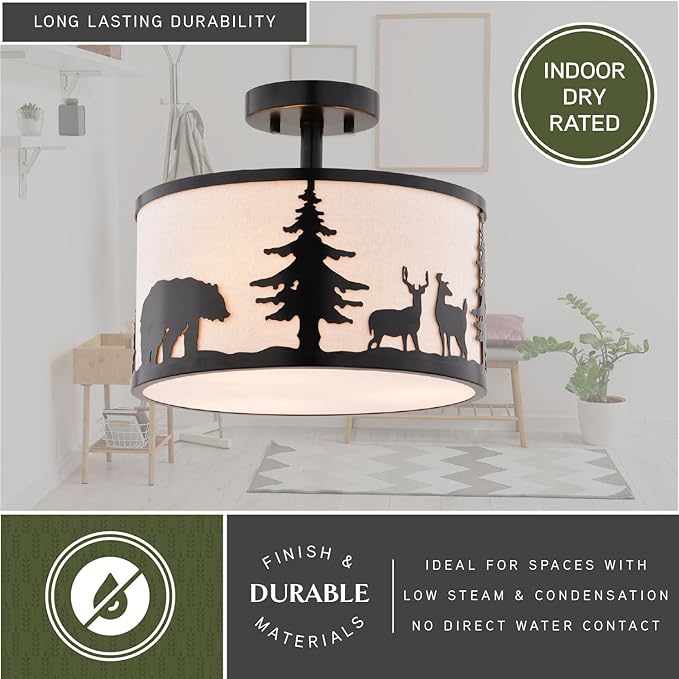 VAXCEL Acadia 13-in W Bronze Rustic Semi Flush Mount Ceiling Light White Linen Deer Tree