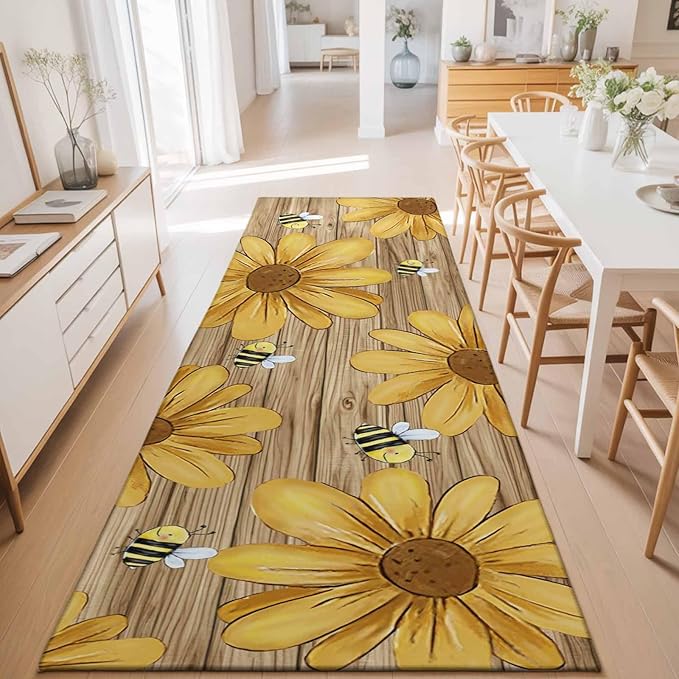Runner Rug for Bedroom Hallway, Summer Yellow Bee Blossom Flower Kitchen Runner Rugs Area Rug 2x6ft, Retro Rustic Brown Wood Board Washable Soft Floor Carpet for Entryway Stair