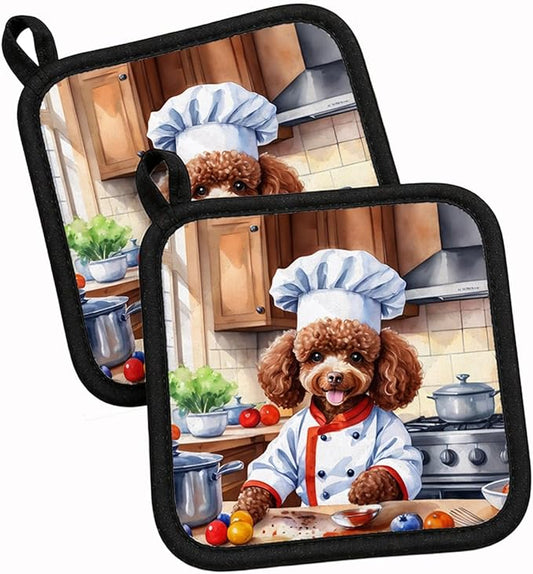 Caroline's Treasures Chocolate Poodle The Chef Pair of Pot Holders Kitchen Heat Resistant Pot Holders Sets Oven Hot Pads for Cooking Baking BBQ, 7 1/2 x 7 1/2