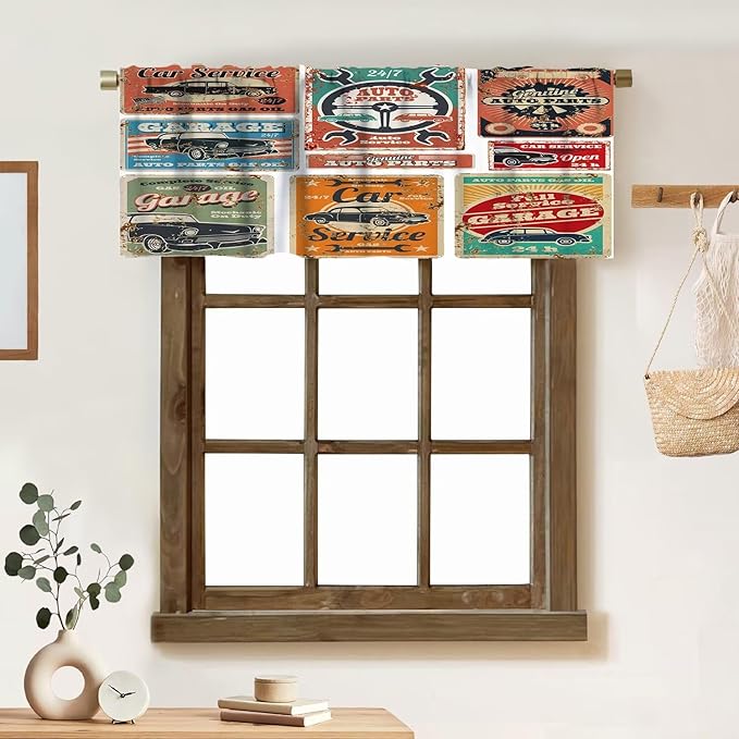 Retro 1950s Valances Curtains Vintage Car Signs Automobile Advertising Repair Vehicle Garage Servicing, Windows Short Curtain Valance for Kitchen Bedroom with Rod Pocket, One Panel 54X18 Inches
