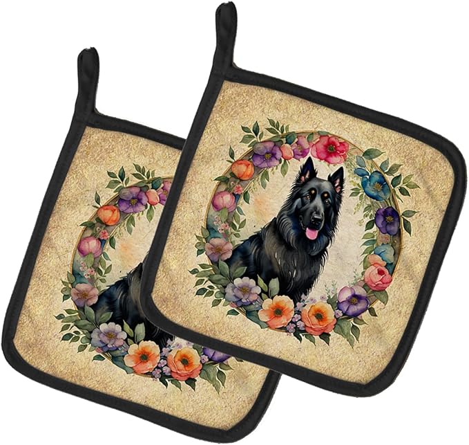 Caroline's Treasures Belgian Sheepdog and Flowers Pair of Pot Holders Kitchen Heat Resistant Pot Holders Sets Oven Hot Pads for Cooking Baking BBQ, 7 1/2 x 7 1/2