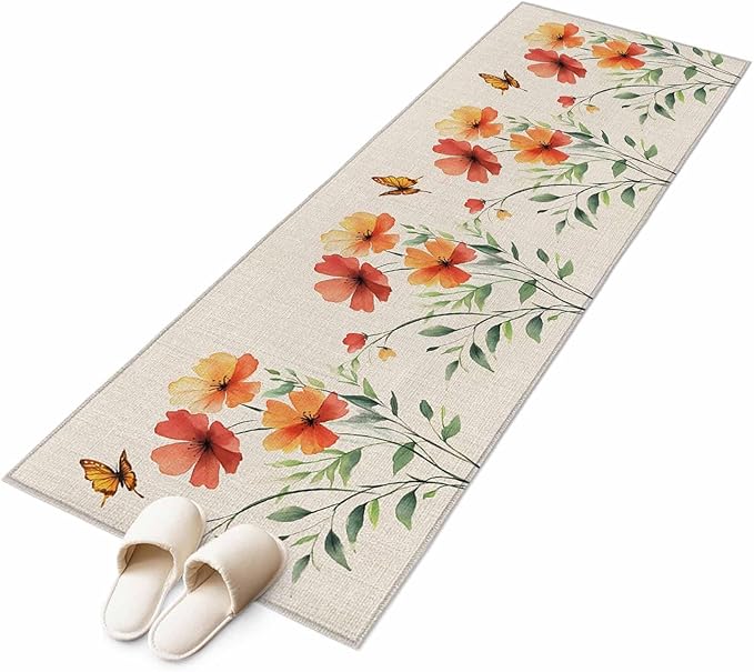 Runner Rug for Bedroom Hallway, Summer Watercolor Flower Butterfly Kitchen Runner Rugs Area Rug 2x6ft, Green Leaves Retro Linen Washable Soft Floor Carpet for Entryway Stair