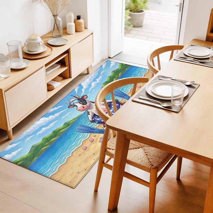 Runner Rug for Bedroom Hallway, Summer Beach Snorkeling Cow Kitchen Runner Rugs Area Rug 2x6ft, Ocean Starfish Funny Animal Art Washable Soft Floor Carpet for Entryway Stair