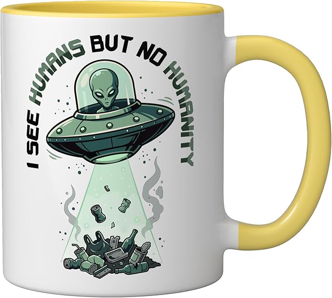 Aliens UFO Extraterrestrial Space Flying Saucer No Humanity Ceramic Mug, Yellow/White