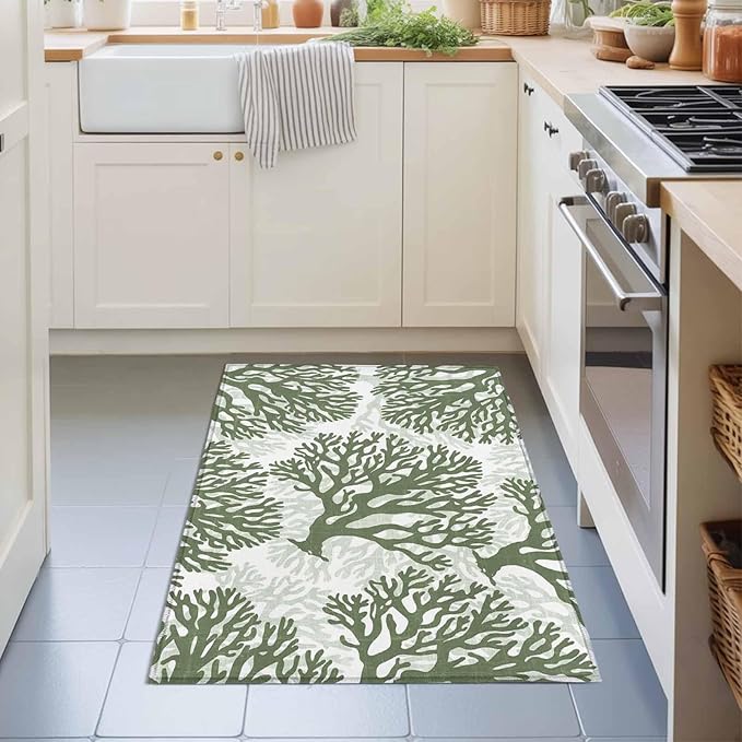 Area Rug 2x3ft, Deep Forest Green Corals Washable Rugs for Living Room Bedroom, Retro Marine Life Soft Non-Slip Area Rugs Rectangle Floor Carpet for Dining Room