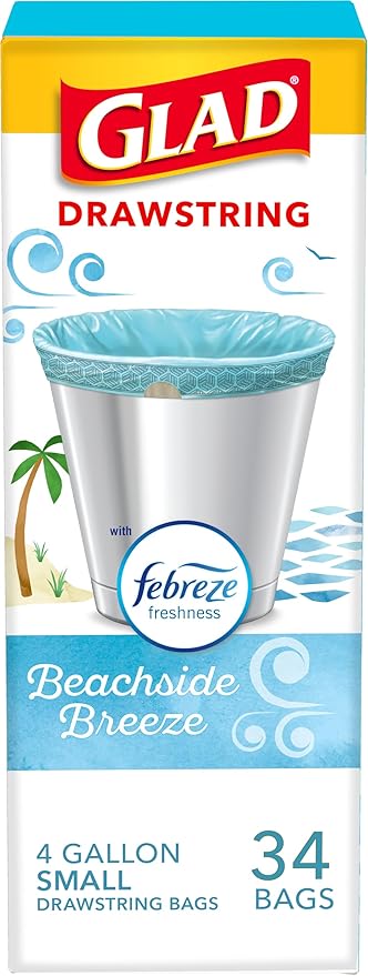 Glad Odorshield Small Drawstring Trash Bags, 4 Gal, Febreze Beachside Breeze, 34 Ct, Pack May Vary