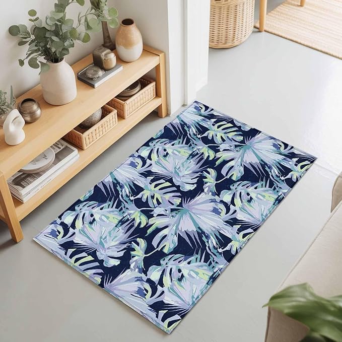 Area Rug 2x3ft, Watercolor Blue Teal Palm Leaves Washable Rugs for Living Room Bedroom, Abstract Botanical Soft Non-Slip Area Rugs Rectangle Floor Carpet for Dining Room