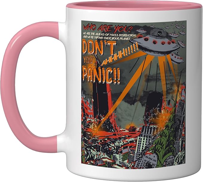 UFO Flying Saucer Invasion 1950s Sience Fiction Abduction Ceramic Mug, Pink/White