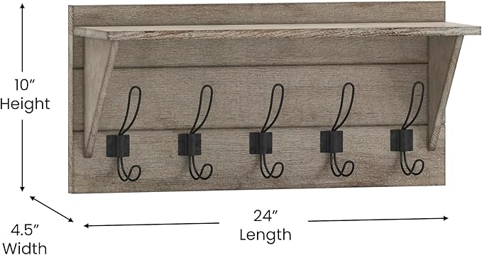 Flash Furniture Daly Wall Mounted Storage Rack - Weathered Solid Pine Wood - 24 Inch - Upper Shelf and 5 Hooks - For Entryway, Kitchen, Bathroom
