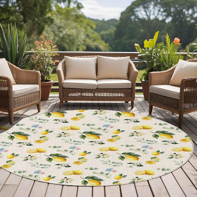 Washable Round Area Rug Country Lemon Flower Leaf Circle Rugs Floor Carpet for Living Room Bedroom, Pastoral Fruit Plant Vintage Linen Soft Non Slip Round Rug 5ft