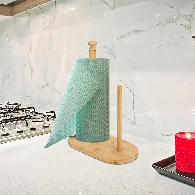 Modern Wooden Paper Towel Holder Stand with Oval Base Multipurpose Kitchen Paper Organizer for Residential and Commercial Use Stylish Desktop Tissue and Preserving Film Rack