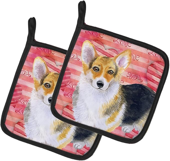 Caroline's Treasures BB9729PTHD Pembroke Corgi Love Pair of Pot Holders, Red Kitchen Heat Resistant Pot Holders Sets Oven Hot Pads for Cooking Baking BBQ, 7 1/2 x 7 1/2
