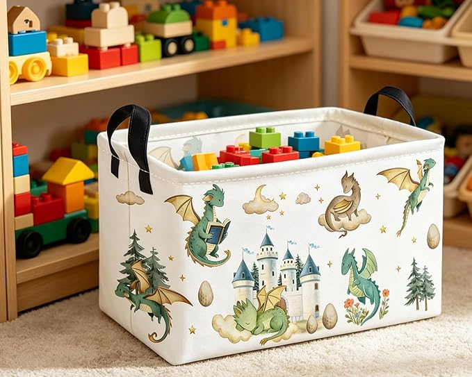 Essme Rectangular Kids Baskets,Dinosaur Storage Box,Cute Basket for Kids with Handles for Room Decor, Book Bins,Shelf Basket.（Castle Dinosaurs
