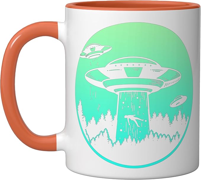 Flying Saucer UFO, Astronauts are Aliens Ceramic Mug, Orange/White
