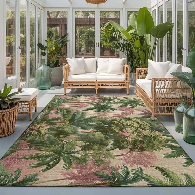 Area Rug 3x5ft, Exotic Forest Green Pink Palms Tree Washable Rugs for Living Room Bedroom, Vintage Botantical Soft Non-Slip Area Rugs Rectangle Floor Carpet for Dining Room