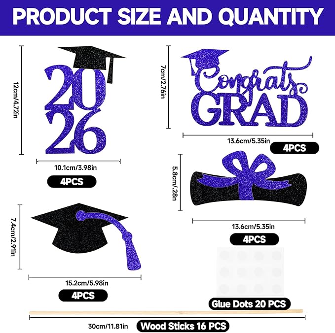 Graduation Decorations 2026, 16 PCS Gold and Blue Double Sided Graduation Centerpieces Sticks Glitter for Tables, Table Toppers Set for Class of 2026 Congrats Grad Party Supplies (Blue)