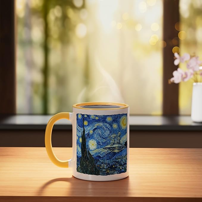 Aliens Saucer UFO Extraterrestrial Fun Starry Night Van Gogh Ceramic Mug, Yellow/White