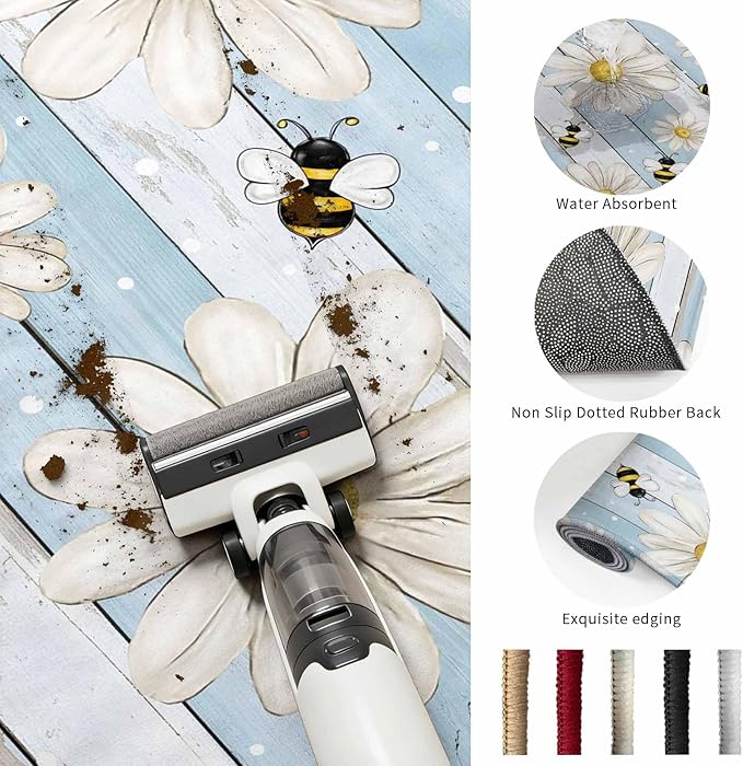 Area Rug 3x5ft, Watercolor White Daisy Floral Bee Washable Rugs for Living Room Bedroom, Rustic Light Blue Wood Plank Soft Non-Slip Area Rugs Rectangle Floor Carpet for Dining Room