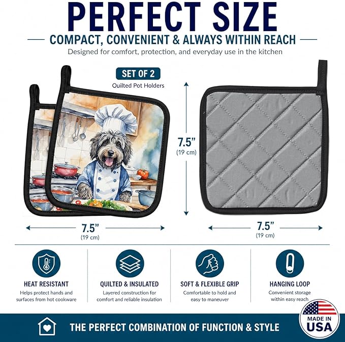 Caroline's Treasures Bergamasco Sheepdog The Chef Pair of Pot Holders Kitchen Heat Resistant Pot Holders Sets Oven Hot Pads for Cooking Baking BBQ, 7 1/2 x 7 1/2