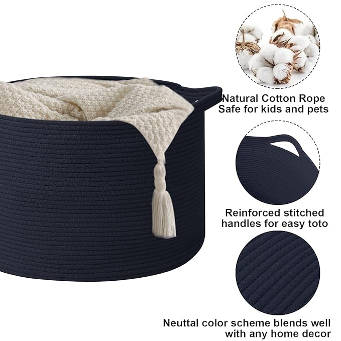 115L Large Blanket Basket,23.6" L x 23.6" W x 15.7" H Rope Woven Baskets with Handles, Toys Storage Bins,Laundry Basket Perfect for Living Room, Nursery,Bedroom,Home Organization,Navy