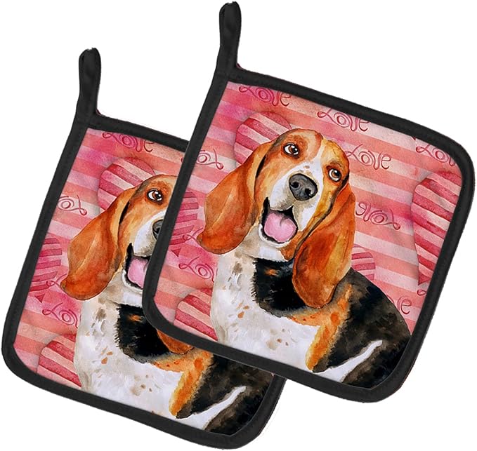 Caroline's Treasures BB9791PTHD Basset Hound Love Pair of Pot Holders, Red Kitchen Heat Resistant Pot Holders Sets Oven Hot Pads for Cooking Baking BBQ, 7 1/2 x 7 1/2