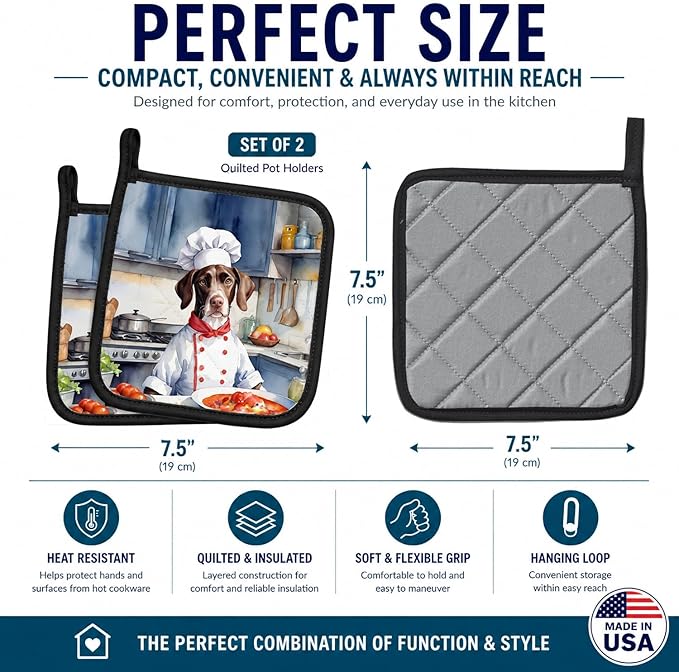Caroline's Treasures Pointer The Chef Pair of Pot Holders Kitchen Heat Resistant Pot Holders Sets Oven Hot Pads for Cooking Baking BBQ, 7 1/2 x 7 1/2