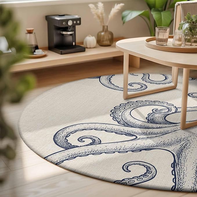 Washable Round Area Rug Marine Octopus Sea Monster Circle Rugs Floor Carpet for Living Room Bedroom, Farmhouse Ocean Life on Linen Soft Non Slip Round Rug 3ft