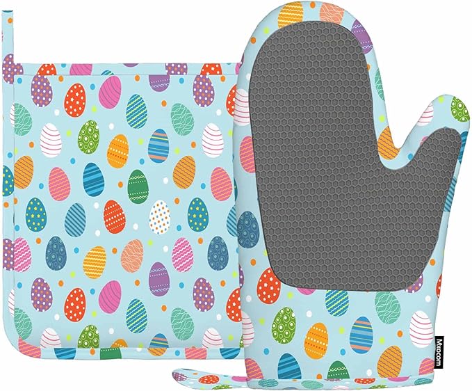 Mxocom Easter Eggs Oven Mitt and Pot Holder with Silicone Easter Colored Eggs on Blue Background Heat Resistant Kitchen for Cooking BBQ Baking Grilling Spring/Summer