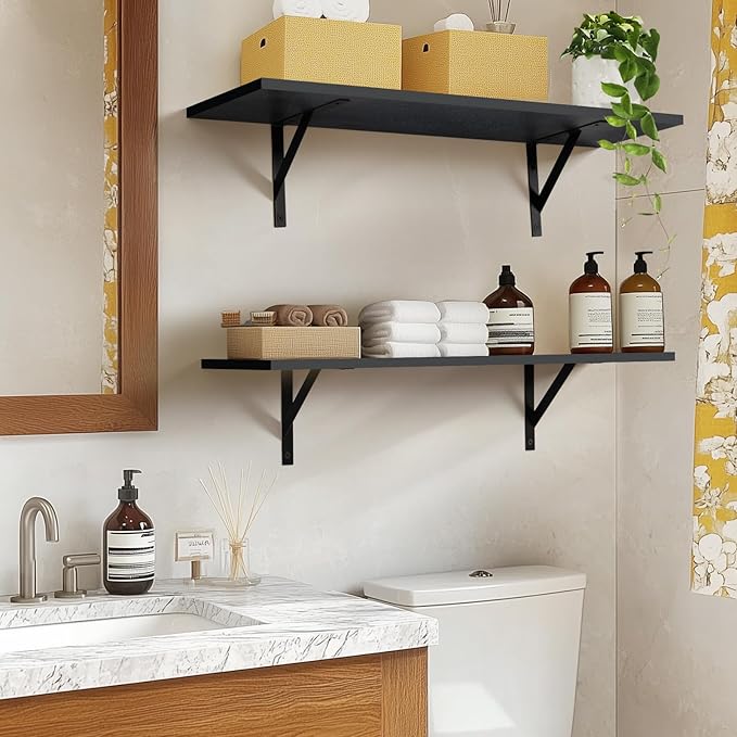 Tectocker-DOU Heavy Duty Long Wall Shelves Set of 2, Floating Shelves Wall Mounted with Industrial Brackets, 40lbs Capacity Shelves for Laundry Room, Kitchen, Bathroom, Living Room (31.5"*8",Black)