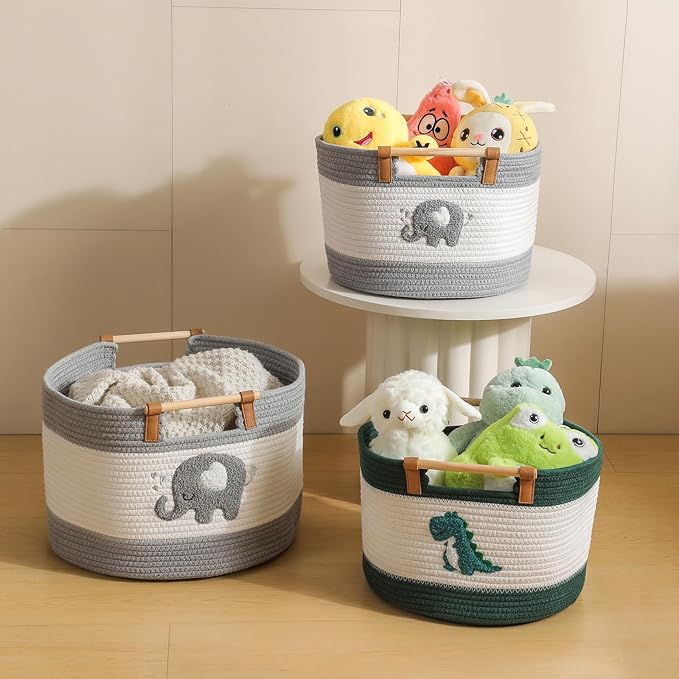 Cotton Rope Baskets for Kids Stuffed Animal Toys Storage for Nursery, Baby Baskets for Gifts Empty, Woven Basket with Wooden Handles Blanket Towel Toy 0rganizer Kids Blanket Storage Bins