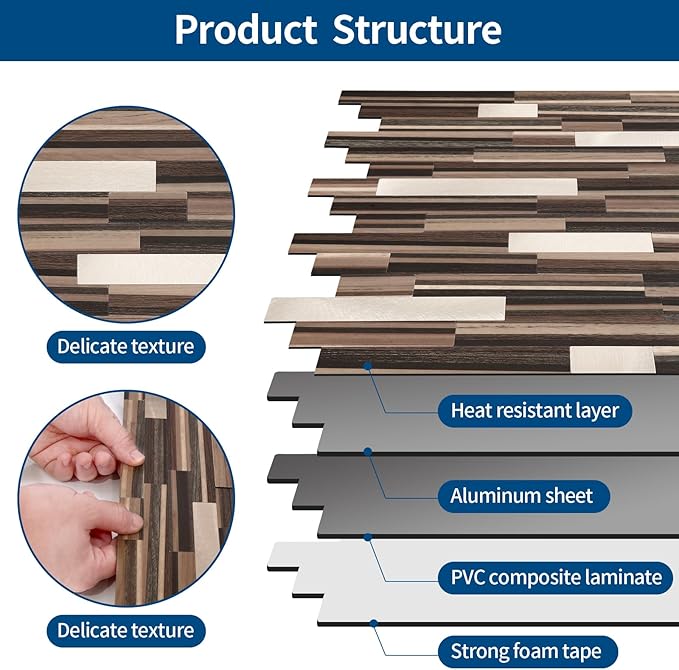 Yipscazo 5 Sheets Peel and Stick Stone Metal Tile Backsplash, Stick on Tiles for Backsplash Kitchen, Bathroom, Laundry Room, Camper, Fireplace (12'' X 12'', Brown Wood)