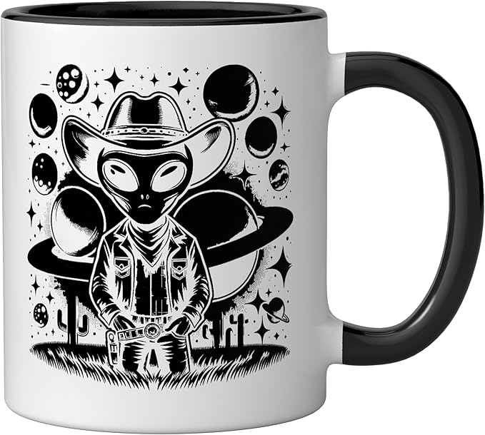 Alien Lover Flying Saucer UFO Extraterrestrial Cowboy Ceramic Mug, Black/White