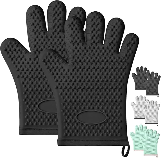Silicone Oven Mitts with Fingers, Oven Mitts Heat Resistant for Kitchen, Waterproof & Non-Slip Oven Gloves for Baking, Cooking, Grilling and BBQ (Black)