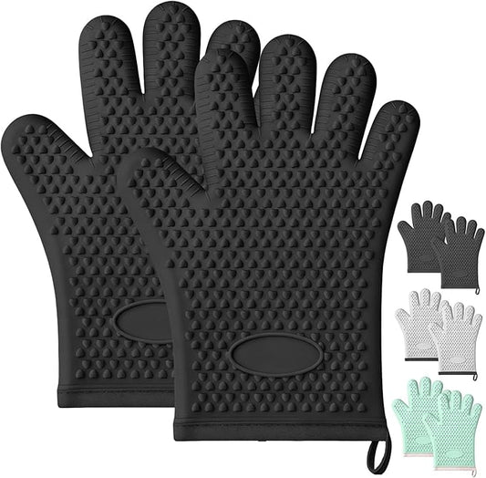 Silicone Oven Mitts with Fingers, Oven Mitts Heat Resistant for Kitchen, Waterproof & Non-Slip Oven Gloves for Baking, Cooking, Grilling and BBQ (Black)