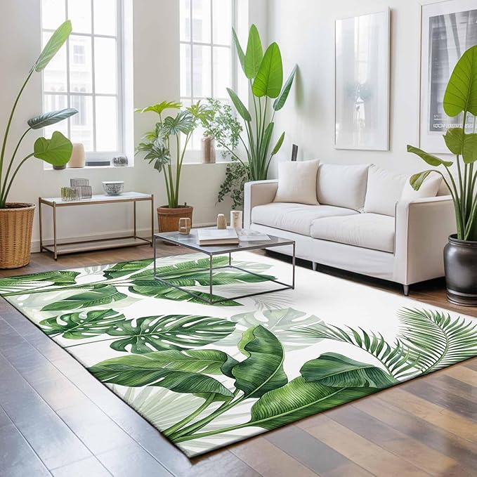 Area Rug 8x10ft, Watercolor Green Tropical Leaves Washable Rugs for Living Room Bedroom, Botanical Palm Leaf Plants Soft Non-Slip Area Rugs Rectangle Floor Carpet for Dining Room
