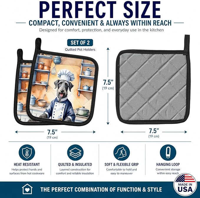 Caroline's Treasures Scottish Deerhound The Chef Pair of Pot Holders Kitchen Heat Resistant Pot Holders Sets Oven Hot Pads for Cooking Baking BBQ, 7 1/2 x 7 1/2