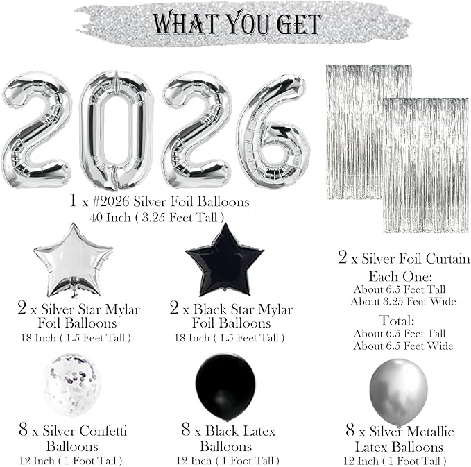 JOJO FLY New Years Eve Party Decorations Kit, Silver 2026 Balloons, Black and Silver Balloons Set, Silver Foil Curtain, Graduation Decorations, New Years Eve Party Supplies 2026