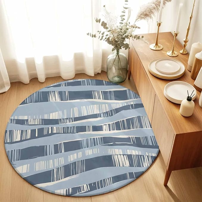 Washable Round Area Rug Navy Blue Ocean Waves Coastal Horizon Circle Rugs Floor Carpet for Living Room Bedroom, Abstract Art Soft Non Slip Round Rug 5ft