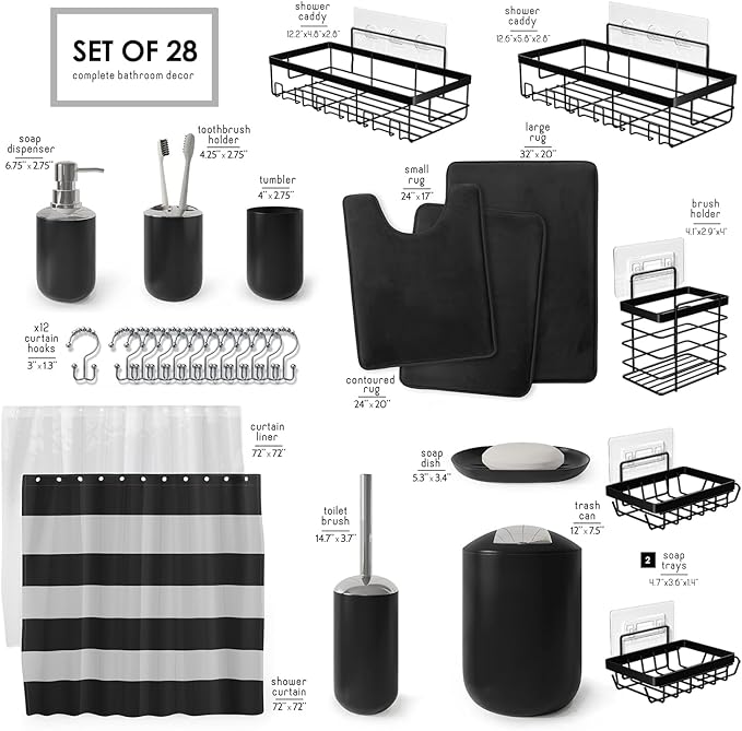 Clara Clark Bathroom Accessories Set - 28PC Bathroom Set with Adhesive Corner Shower Caddy Hanging, Bathroom Sets with Shower Curtain and Rugs, Black Shower Curtain Set with Bathroom Trash Can