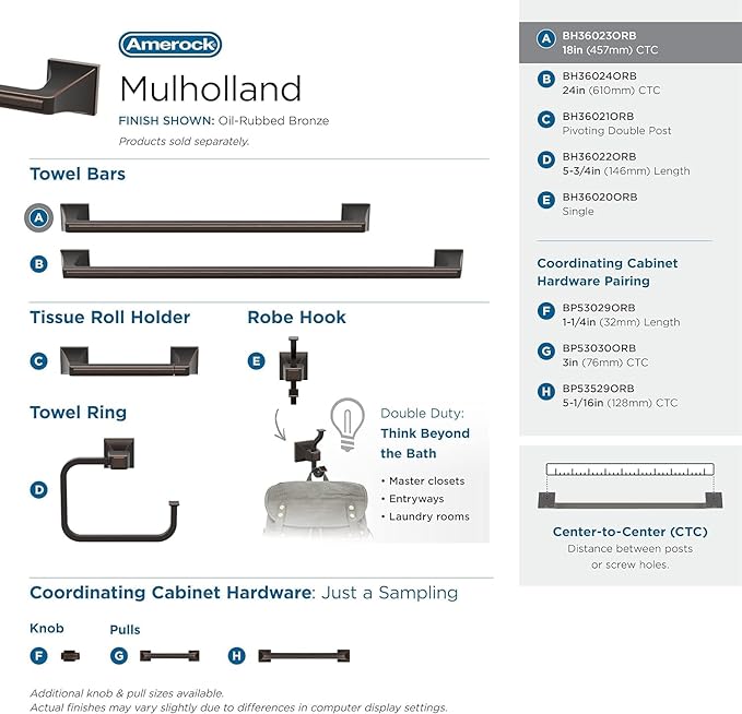 Amerock BH36023ORB | Oil Rubbed Bronze Towel Bar | 18 in (457 mm) Towel Rack | Mulholland | Bathroom Towel Holder | Bathroom Hardware | Bath Accessories