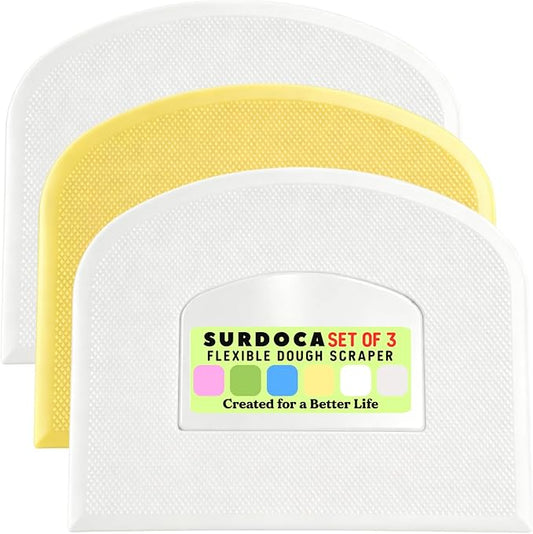 SURDOCA Dough Scraper Bench Scraper - 3P 4.7x3.7" Plastic Flexible Bowl Scraper, Sharp Edge & Angles Cake Scraper. Non-Slip Bakeware Decorating Tools Sculpting & Modeling Tools - White+Yellow+White