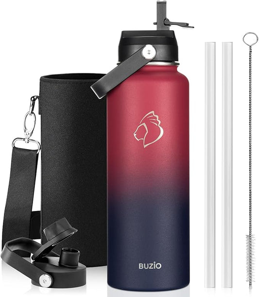 BUZIO 40oz Insulated Water Bottle, Triple Wall Vacuum Stainless Steel Water Flask with 2 lids, Leakproof BPA-Free Straw Lid Sports Canteen Jug, Cold 48H & Hot 24H- Ruby Red Navy