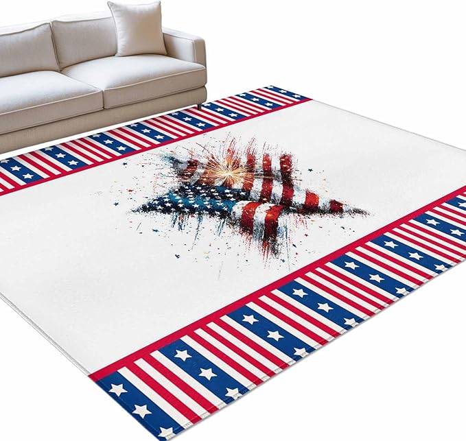 Area Rug 3x5ft, 4th of July Stars Stripes Abstract Flag Washable Rugs for Living Room Bedroom, Patriotic Theme Soft Non-Slip Area Rugs Rectangle Floor Carpet for Dining Room