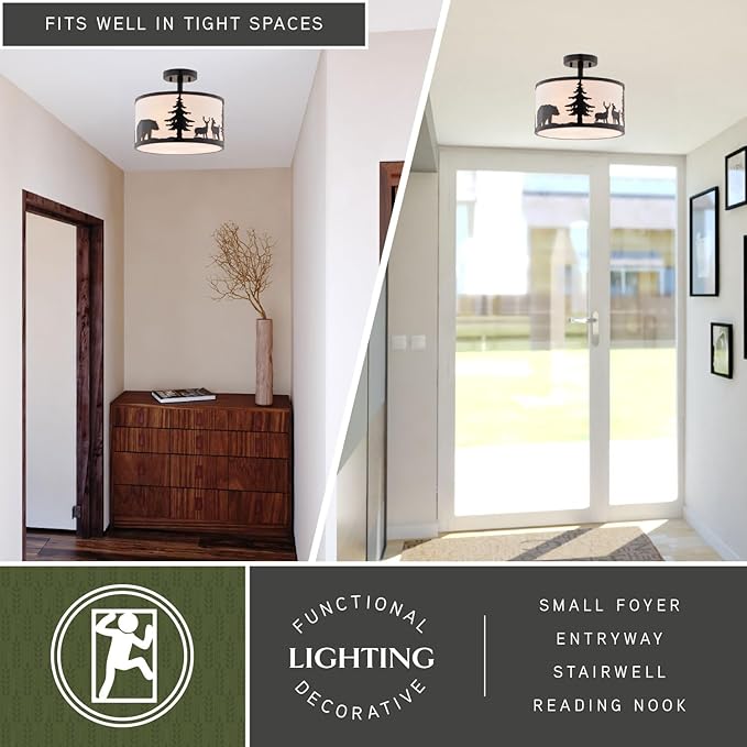VAXCEL Acadia 13-in W Bronze Rustic Semi Flush Mount Ceiling Light White Linen Deer Tree