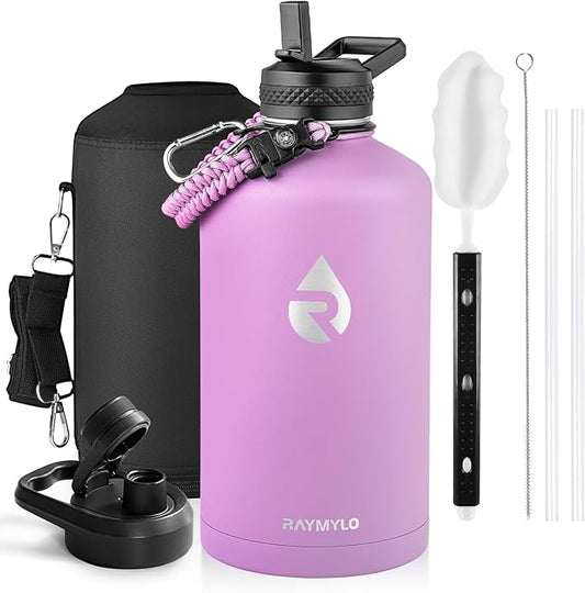 RAYMYLO One Gallon Water Bottle Insulated, Triple Walled Vacuum Stainless Steel (Cold for 48 Hrs), Leak Proof & Non-BPA, Large Water Flask Jug with Paracord Handle & Straw Spout Lids
