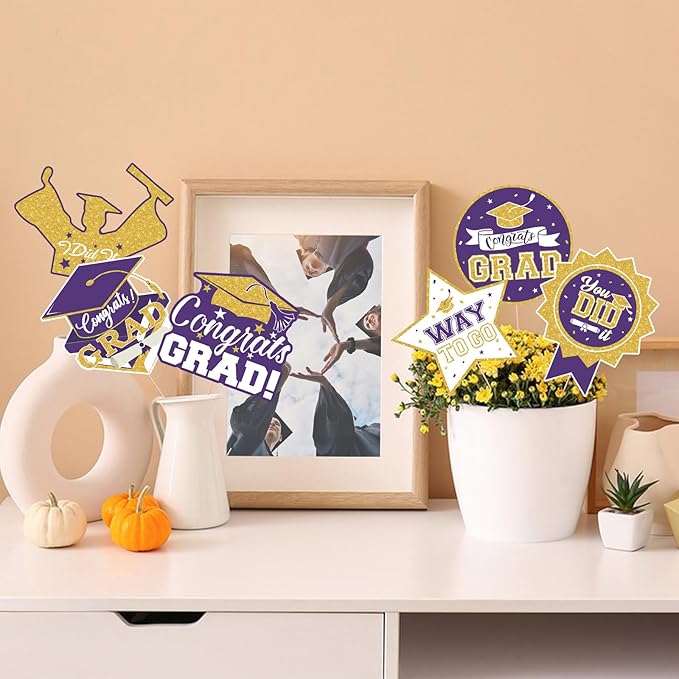 2026 Graduation Party Decorations - 24 Pcs Class of 2026 Congrats Grad Table Centerpieces Graduation Table Decorations Sticks Table Toppers for Graduation Party (Purple Gold)
